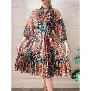 Vintage Liz Roberts Sheer Puff Sleeve Colorful Dress 1970s